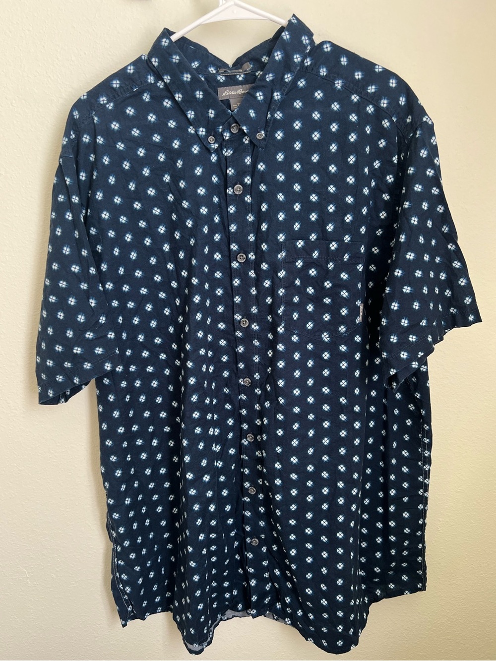 Eddie Bauer Navy Short-Sleeve Button-Down with White Dot Pattern